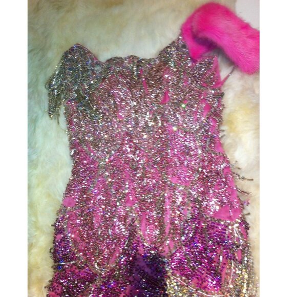 Glamorous Couture Swarovski Crystals Luxurious Fringes Mink Fur Wrap Dress Gown - Picture 4 of 15